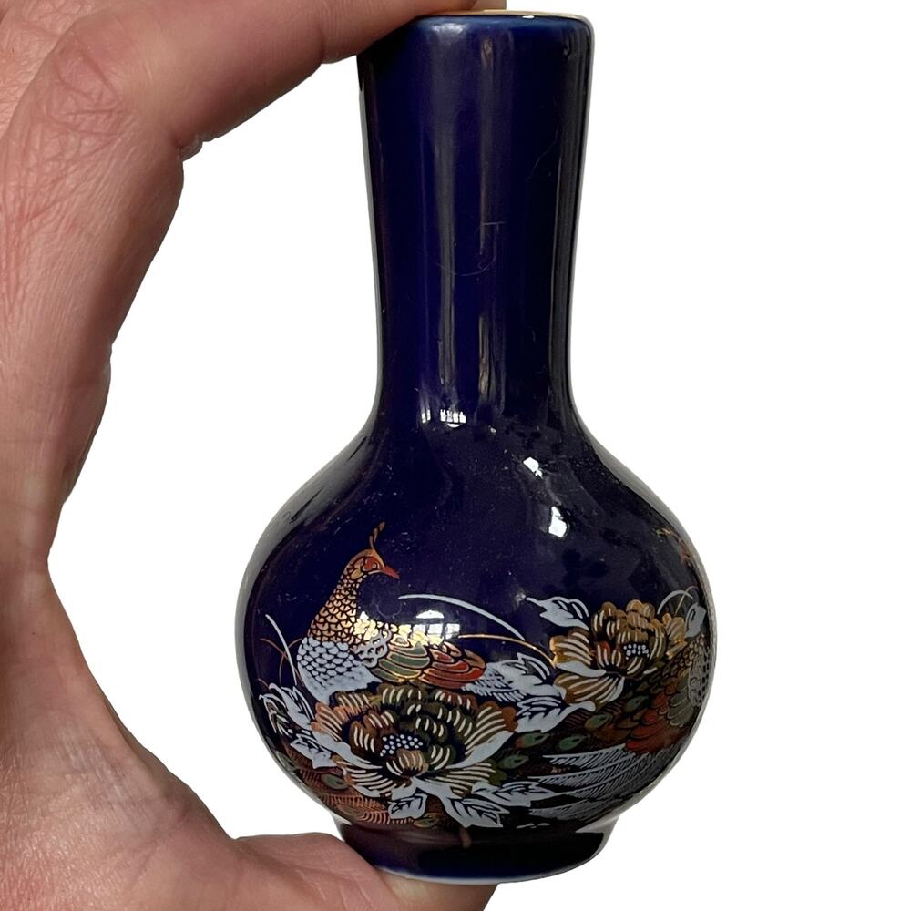 Cobalt Blue Bud Vase Porcelain Hand Painted Peacock Oriental Gold Rim Small READ